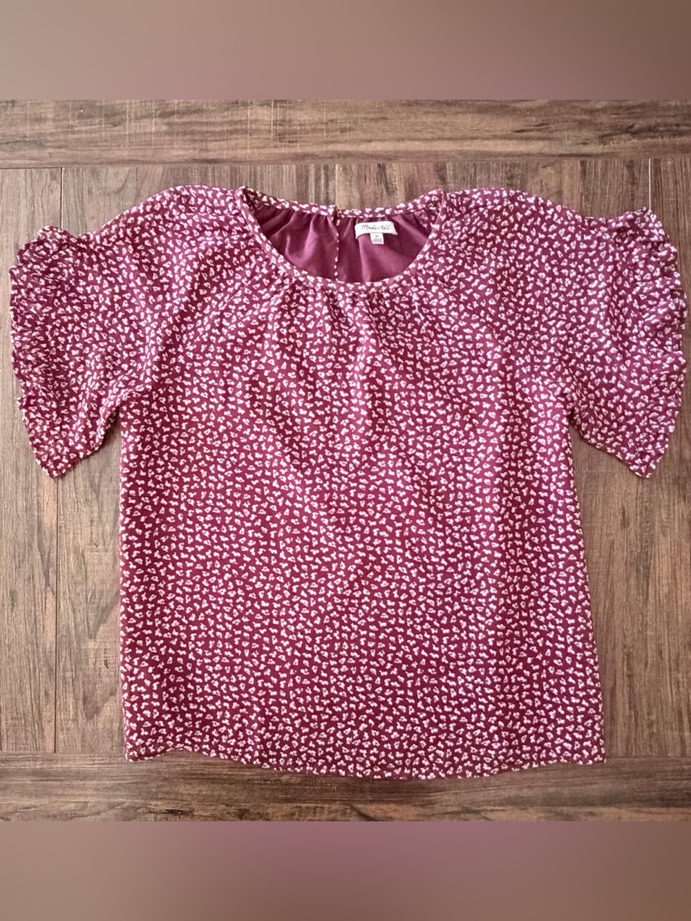 Madewell Floral Ruffle Flutter Short Sleeve Blouse Top Maroon Burgundy XS - Picture 5 of 8